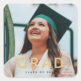 Grad Modern Gold Personalized Photo Graduation Square Sticker