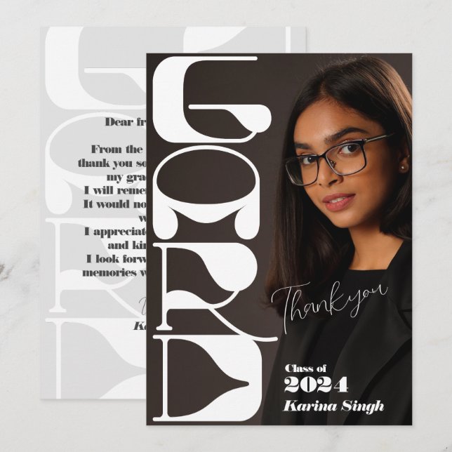 GRAD! Modern Script Graduation Photo Thanks cards (Front/Back)