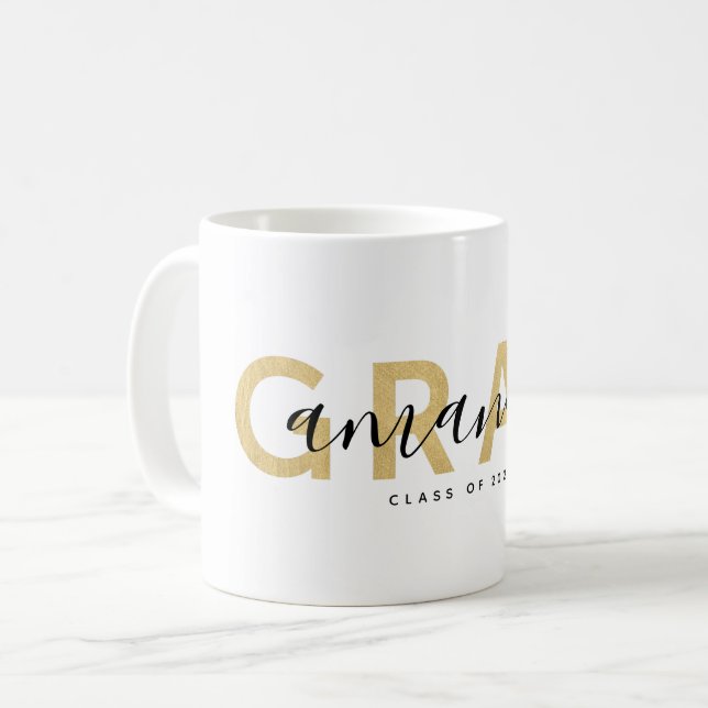 Grad Modern Script Name Personalized Gold Black Coffee Mug (Front Left)