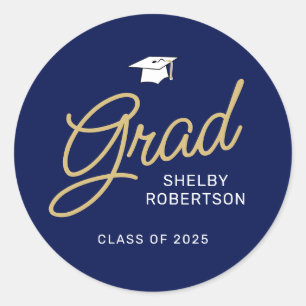 Grad Modern Script Navy Blue Graduation Classic Round Sticker