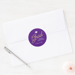 Grad Modern Script Purple and Gold Graduation Classic Round Sticker