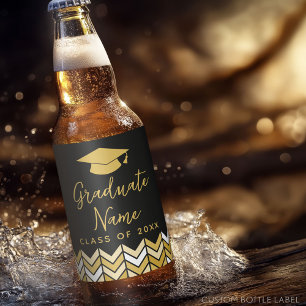 Grad Name Script with Cap - Black Gold Graduation Beer Bottle Label