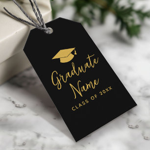 Grad Name Script with Cap - Black Gold Graduation Gift Tags
