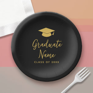 Grad Name Script with Cap - Black Gold Graduation Paper Plate