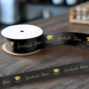 Grad Name Script with Cap - Black Gold Graduation Satin Ribbon
