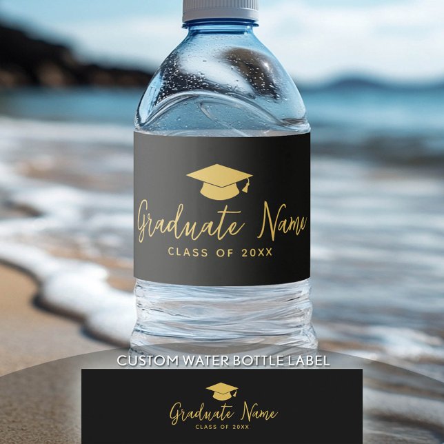 Grad Name Script with Cap - Black Gold Graduation Water Bottle Label (Custom Graduation Water Bottle Label)