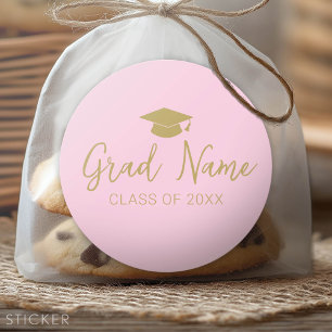 Grad Name Script with Graduation Cap - Pink Gold Classic Round Sticker