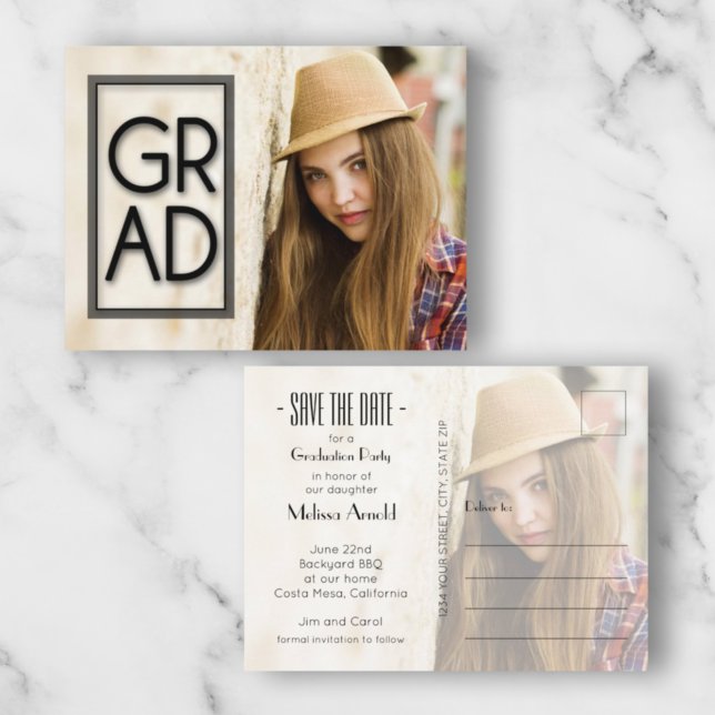 GRAD Overlay Photo Graduation Save the Date Postcard (Creator Uploaded)