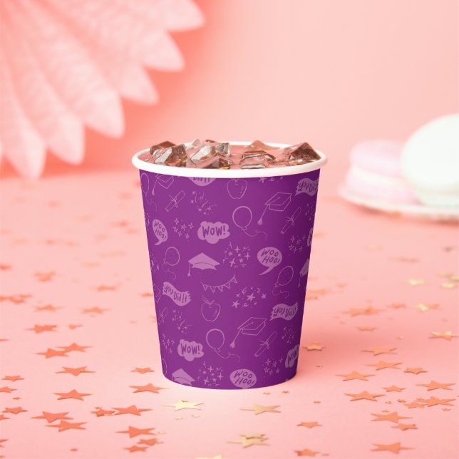 Grad Party Doodle Icon Pattern Purple Paper Cups (Insitu)