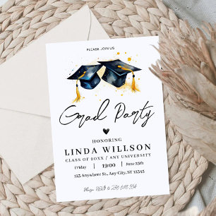 Grad Party Graduation Hat Watercolor Invitation