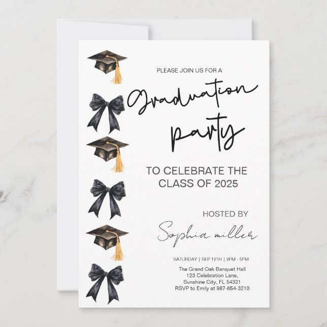 Grad Party Invite Class of 2025,Black Bow (Front)