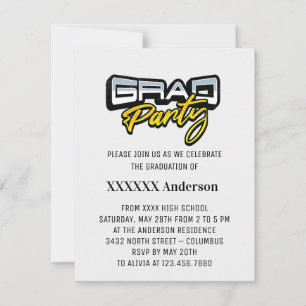 Grad Party Script Gold Black and White RSVP Card