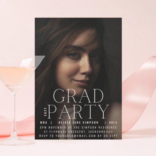 GRAD PARTY | White Modern Script College Invitation (Creator Uploaded)