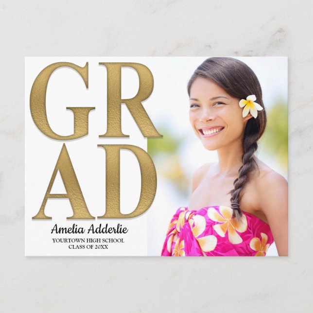 Grad Photo Announcement Invitation White Gold (Front)