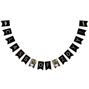 Grad Photo, Cap Tassel Diploma, Silver Gold, Black Bunting Flags