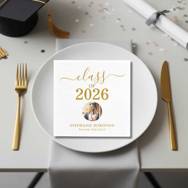Grad Photo Class of 2026 Gold Script Graduation  Napkin (Creator Uploaded)