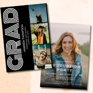 Grad Photo Collage Black Gold Graduation Invitation