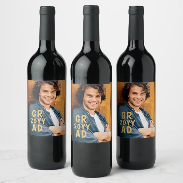 Grad Photo Date Graduation Modern Graduate Script Wine Label (Bottles)