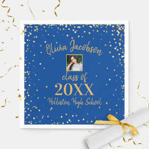 Grad Photo Gold Confetti Graduation Party Blue Napkin