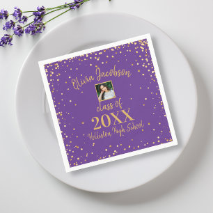 Grad Photo, Gold Confetti, Graduation Party Purple Napkin