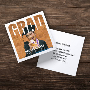 Grad Photo Graduation White Contact Info Name Square Business Card