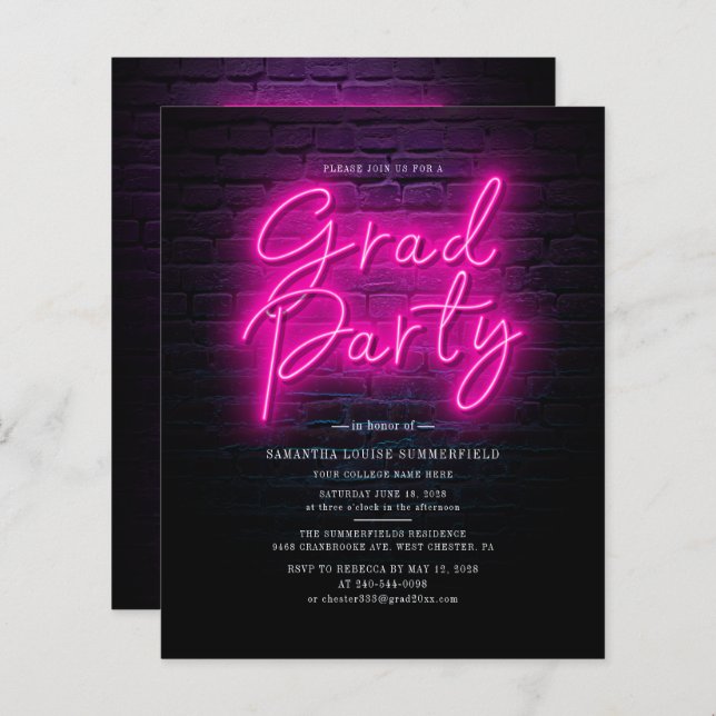 Grad Photo Neon Graduation Party Invitation (Front/Back)