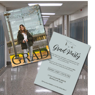 GRAD Photo Party Green Gray Invite