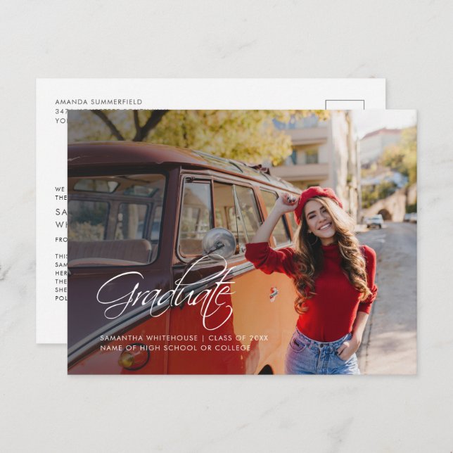 Grad Photo Script Modern Graduation 2025 Announcement Postcard (Front/Back)