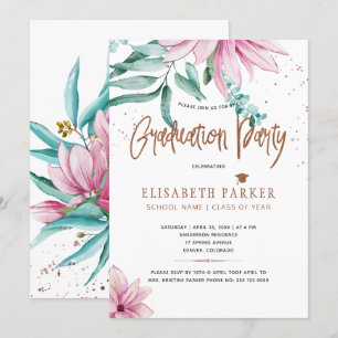 Grad pink floral copper glitter graduation party invitation