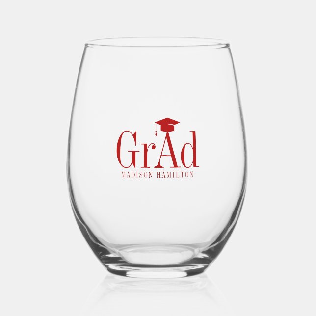 Grad:  Red Typography Name Graduation Hat Stemles Stemless Wine Glass (Front)