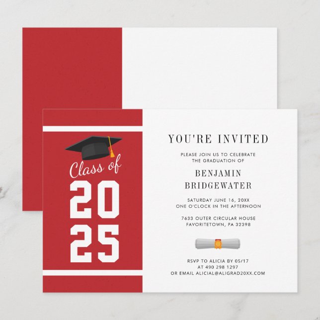 Grad Red White Graduation 2025 Invitation (Front/Back)