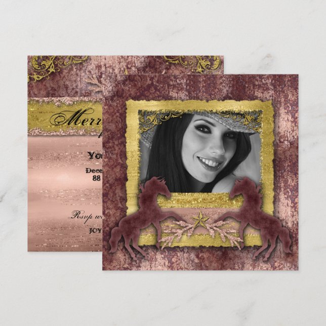 Grad Rose Gold Vintage Horse Western Invite (Front/Back)