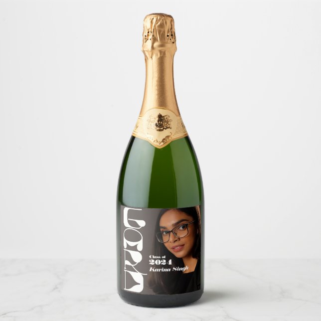 GRAD! Simple Modern Photo Graduation Sparkling Wine Label (Front)