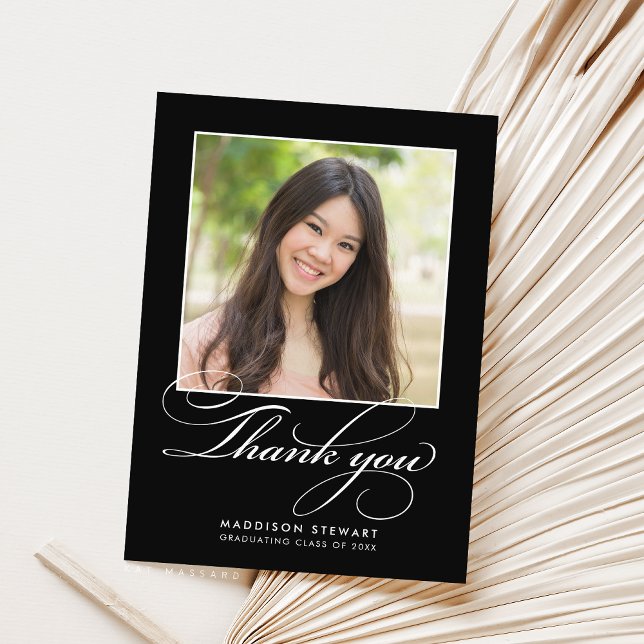 GRAD THANK YOU chic photo simple calligraphy black Card (Creator Uploaded)