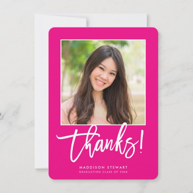 GRAD THANKS chic photo simple calligraphy hot pink Thank You Card (Front)
