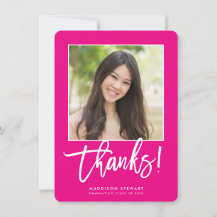 GRAD THANKS chic photo simple calligraphy hot pink Thank You Card
