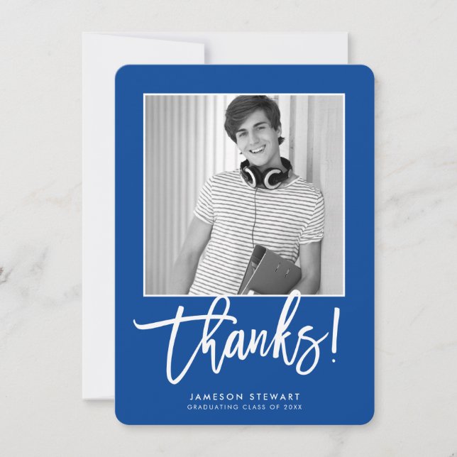 GRAD THANKS minimal photo simple script royal blue Thank You Card (Front)