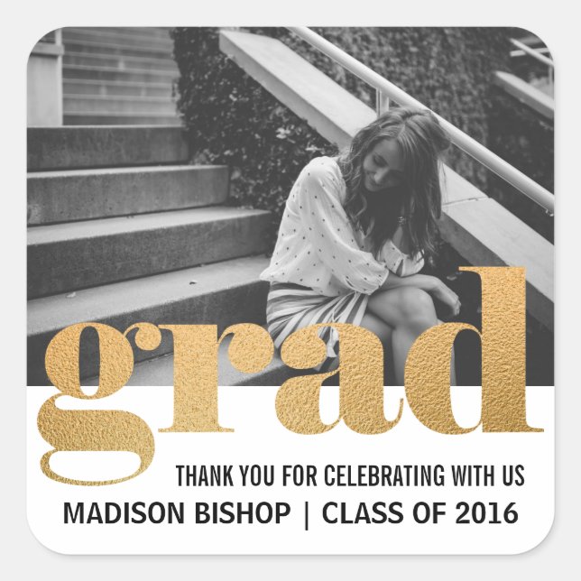 Grad Typography Faux Gold Foil Thank You Photo Square Sticker (Front)