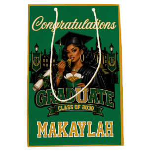 Grad U Ate Black Woman Green Gold Graduation Medium Gift Bag