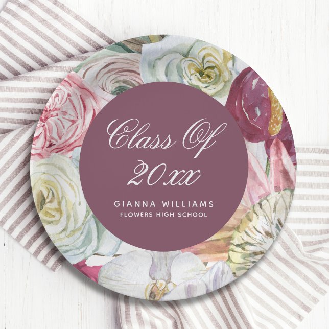 Grad Watercolor Floral Elegant Modern Graduation Paper Plate (Creator Uploaded)