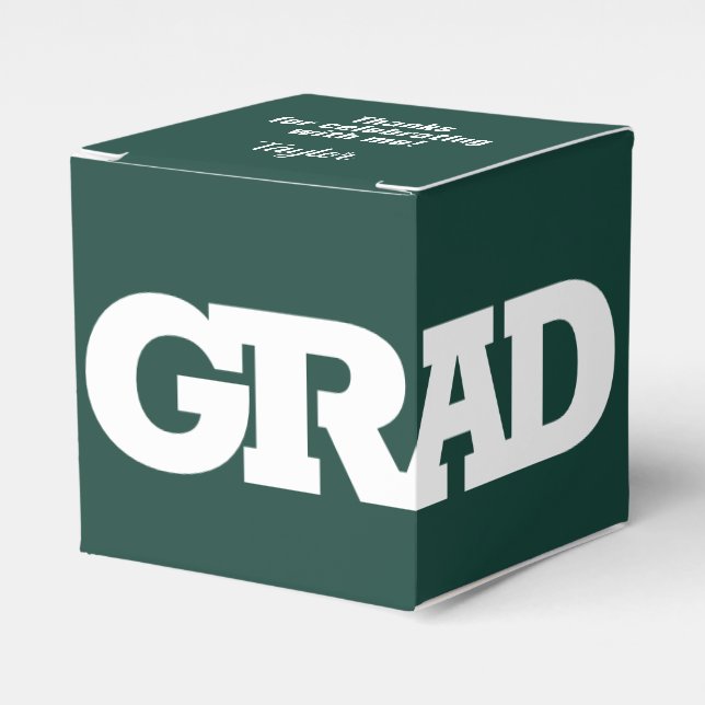 GRAD White and Dark Green Graduation Party Favor Box (Front Side)