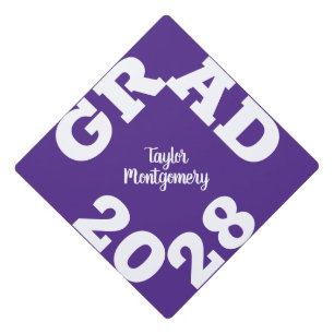 GRAD White and Purple Graduation Cap Topper