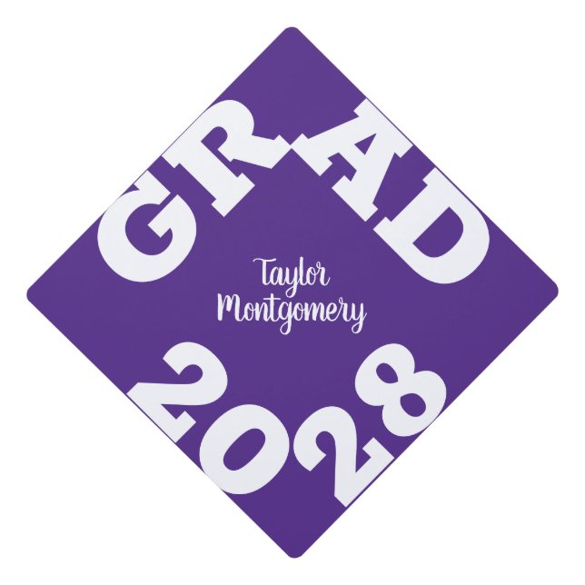 GRAD White and Purple Graduation Cap Topper (Front)