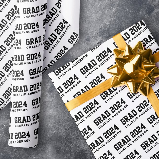 Grad year 2024 graduate name black white wrapping paper (Grad year 2024 graduate name black white wrapping paper)