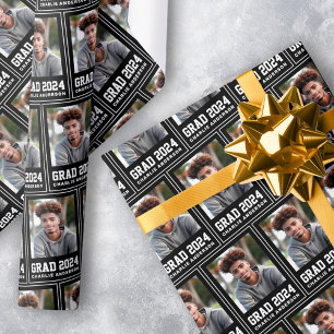 Grad year 2024 graduate photo name black wrapping paper
