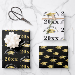 Gradation Modern Gold Foil Cap Class Year Black Wrapping Paper Sheet