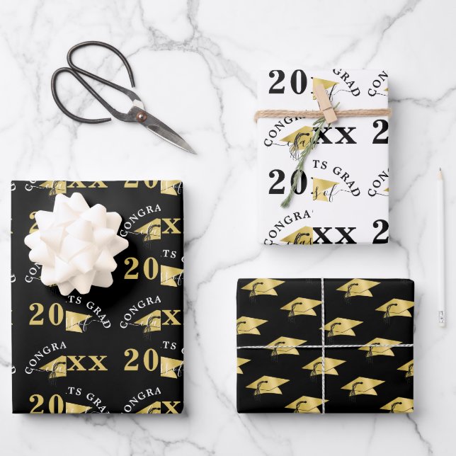 Gradation Modern Gold Foil Cap Class Year Black Wrapping Paper Sheet (Front)