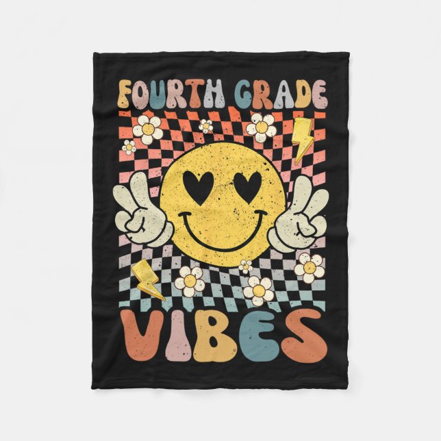Grade Vibes 4th Grade Retro Teacher 1st Day Of Sch Fleece Blanket (Front)