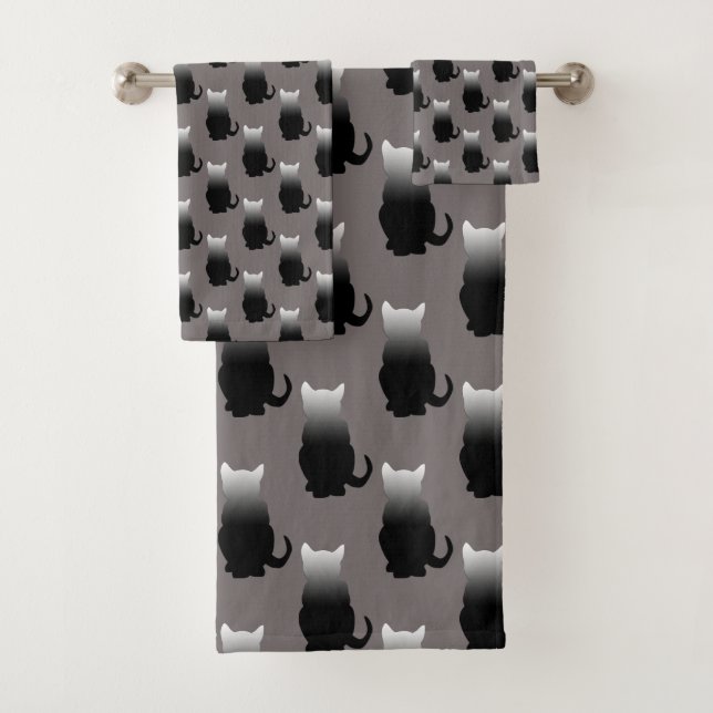 GRADIENT BLACK & WHITE CAT MOTIF IN CHARCOAL GRAY  BATH TOWEL SET (Insitu)