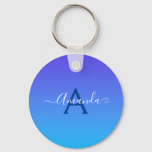 Gradient Blue elegant Monogram and name Keychain